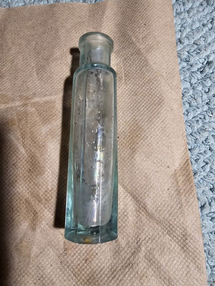 Small Octagon shaped Light Green Antique Bottle EMPTY