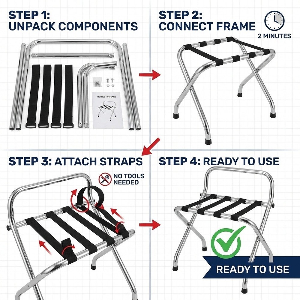 USTECH - Luggage Rack-Single Tier with High Back, Chrome, Foldable