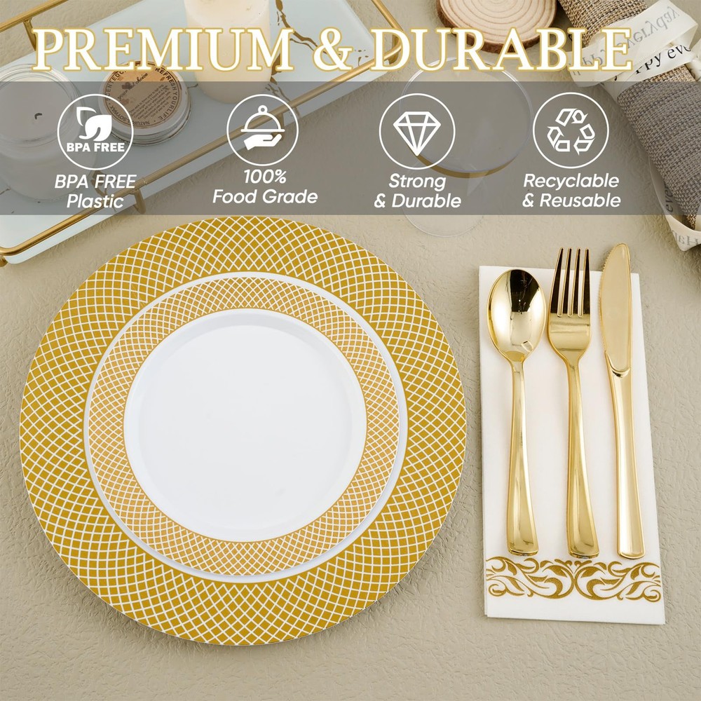 175 Count 175Pack Gold Dinnerware Set 10" Dinner Plates, 7" Dessert Plates