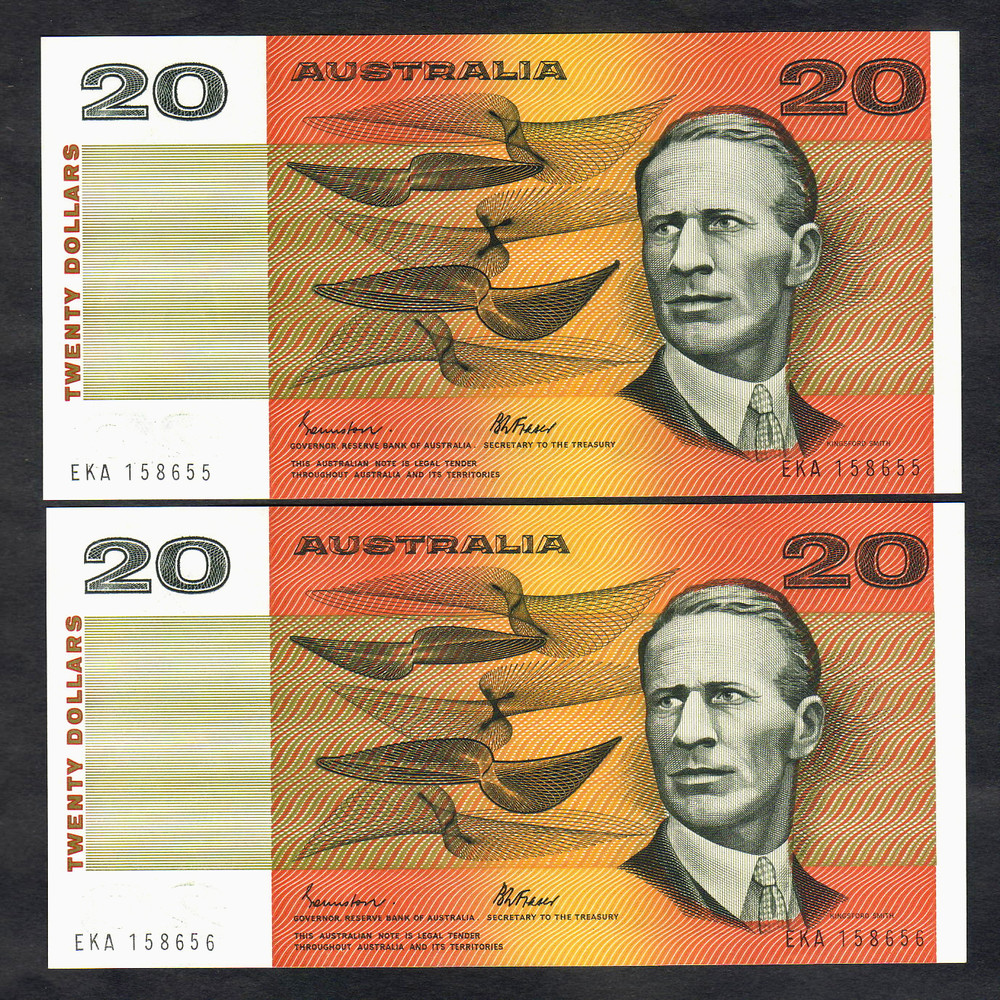 R-409b. (1985) 20 Dollars.  Johnston/Fraser - Gothic.  aU-UNC - CONSECUTIVE Pair