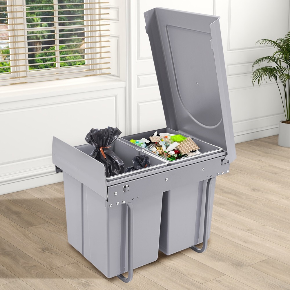 Pull Out Trash Kitchen Under Cabinet Waste Container Double Garbage Can 40L
