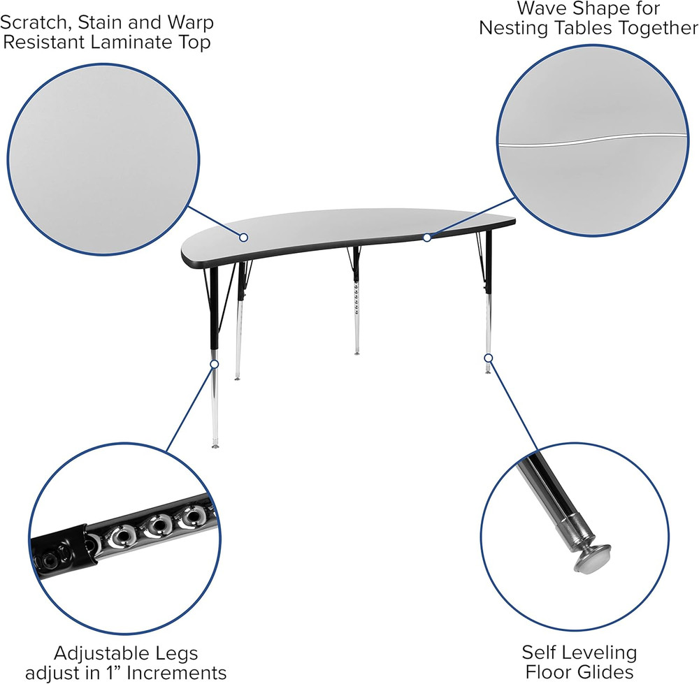 Emmy 60" Circle Wave Flexible Grey Thermal Activity Table Set with Adjustable Le