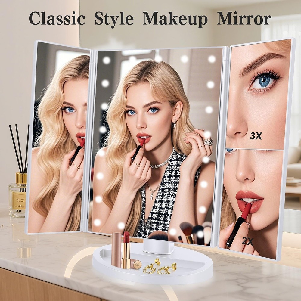 Floor Mount Tri-Fold Lighted Vanity Mirror with 21 LED Lights, Touch Screen