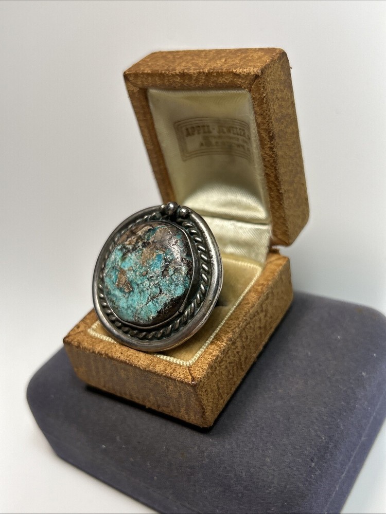 Large Native American Sterling Silver & Turquoise Twisted Cable Circle Ring