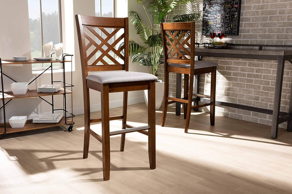 Modern Grey Fabric & Walnut Bar Stool Set - 2-Piece Design