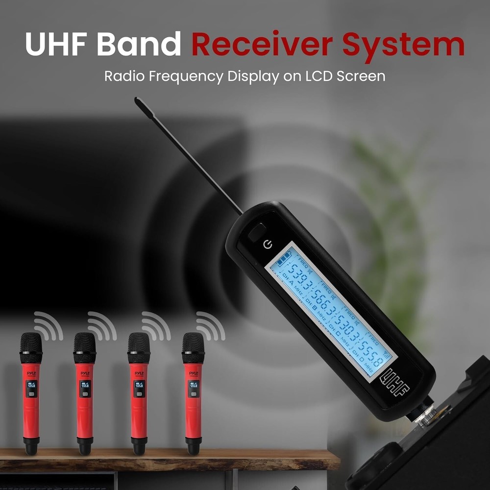 Pyle Portable UHF Band Receiver System, 4 Channel Wireless Microphone System