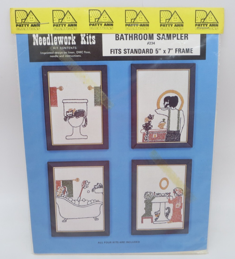Needlework Kit #234 BATHROOM SAMPLER Four Designs Patty Ann Creations black cat
