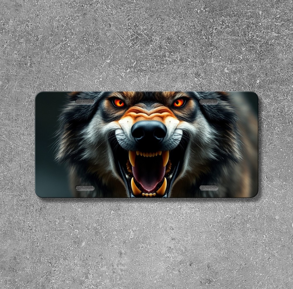 Hyperrealistic Wolf License Plate Snarling Design Custom Universal Fit Plate Uni
