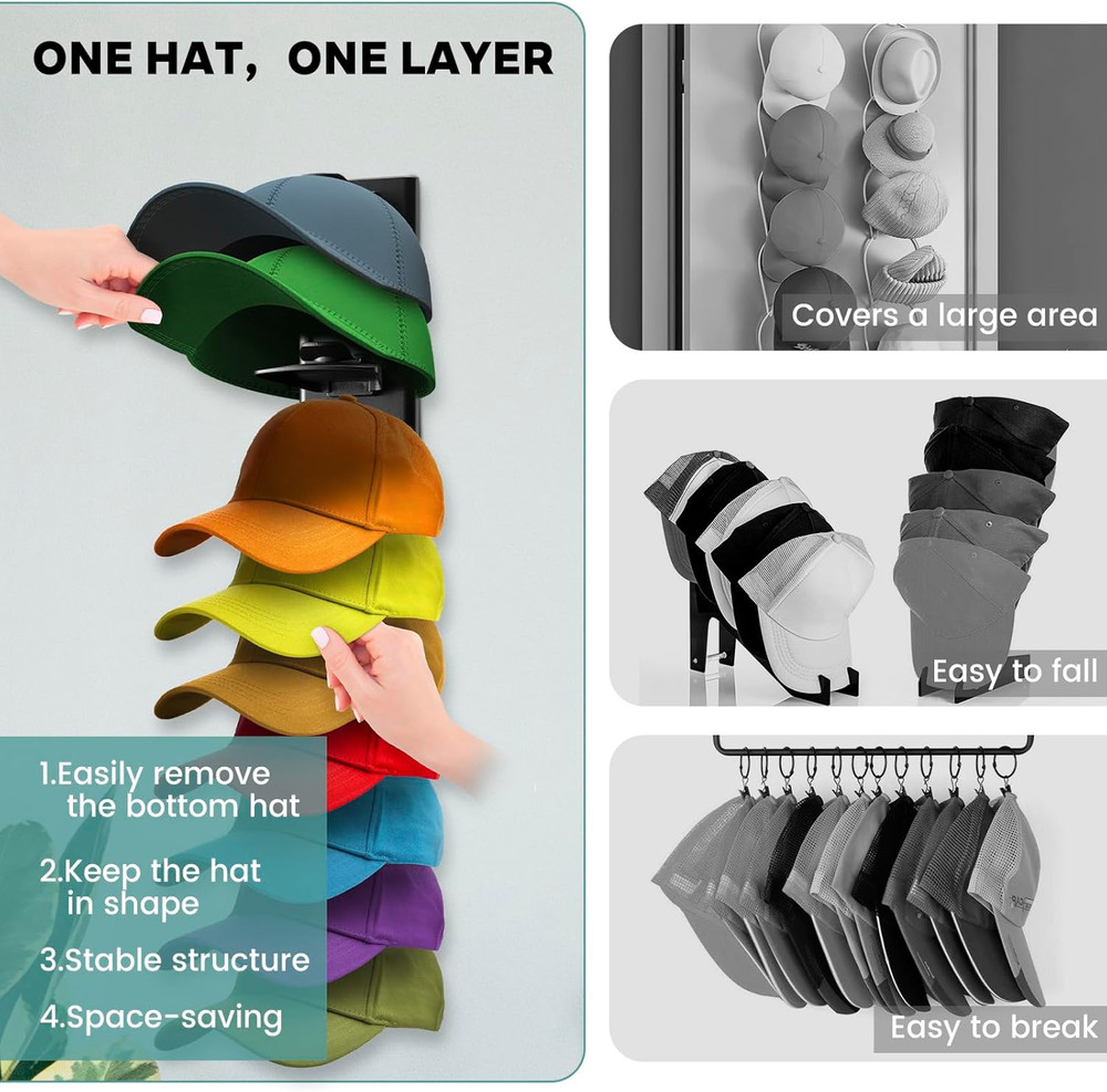 2 Pack Hat Organizer Baseball Cap Locking Tech Hat Rack Strong Adhesive Hat Wall