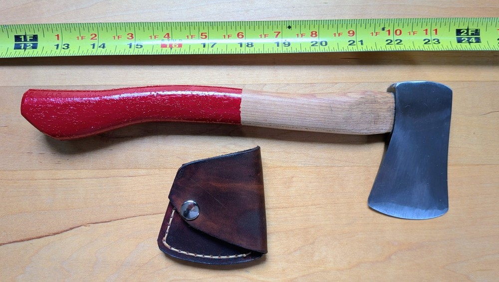 Mini hatchet/sounding ax regrind with custom leather sheath