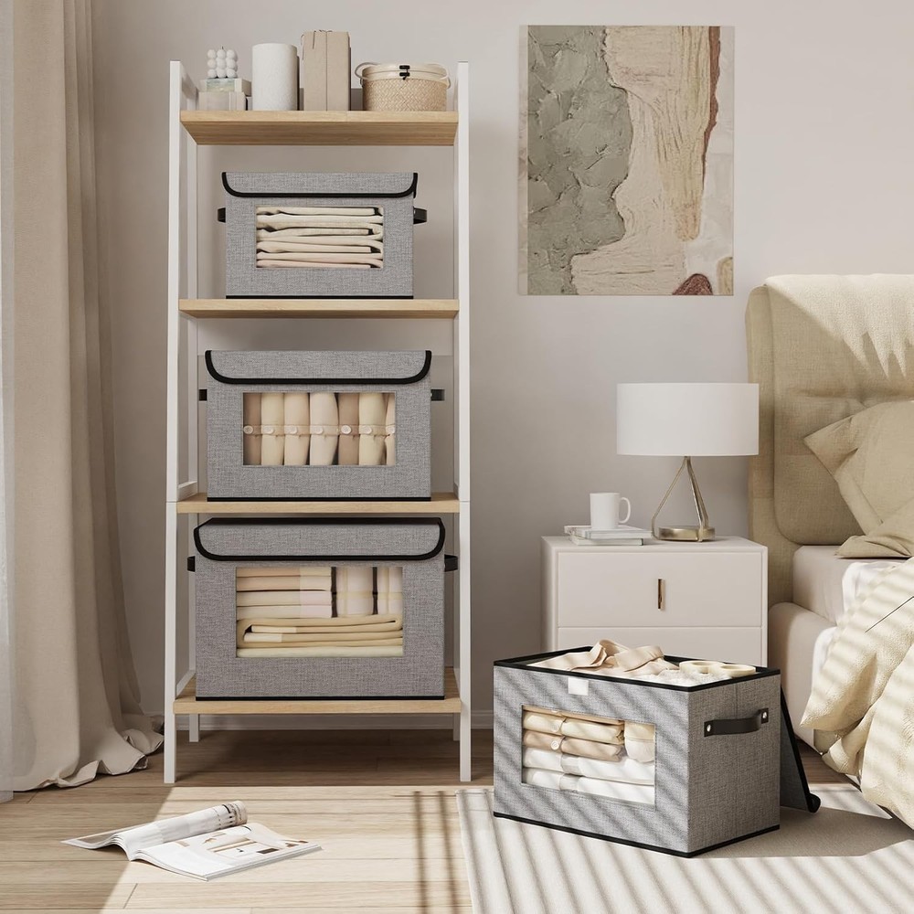 Space-Saving Linen Closet Bins - Stackable, Foldable, & Stylish Gray Storage