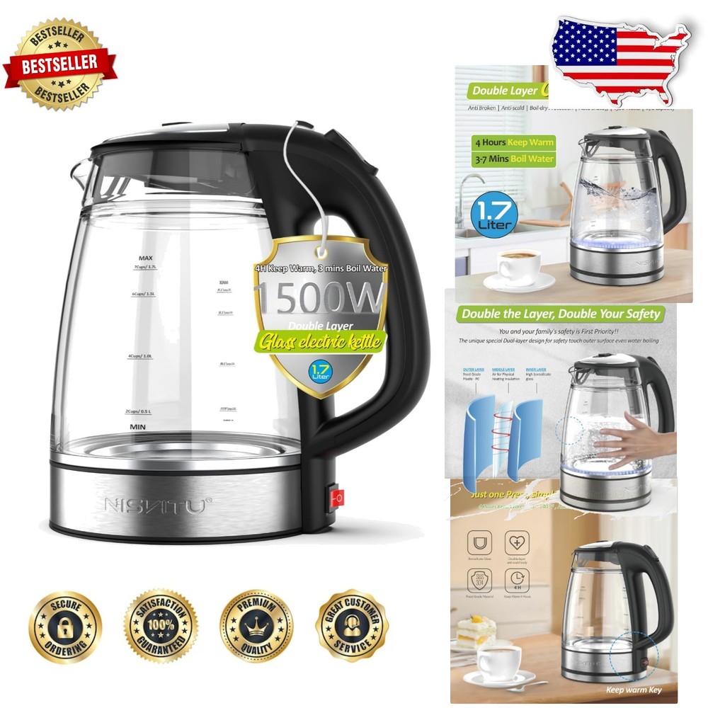 Glass Electric Kettle 1.7L 1500W Fast Boil Auto Shutoff Keep Warm