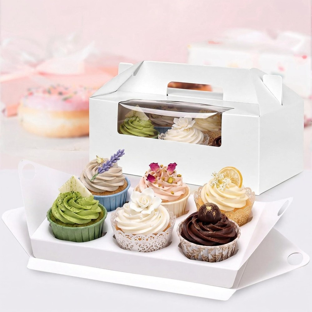 8 PCS White Cupcake Boxes 6Count Containers With Window 9.3x6x3.5 Inch