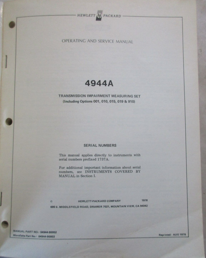 HEWLETT PACKARD 4944A TRANSMISSION IMPAIRMENT MEASURING SET