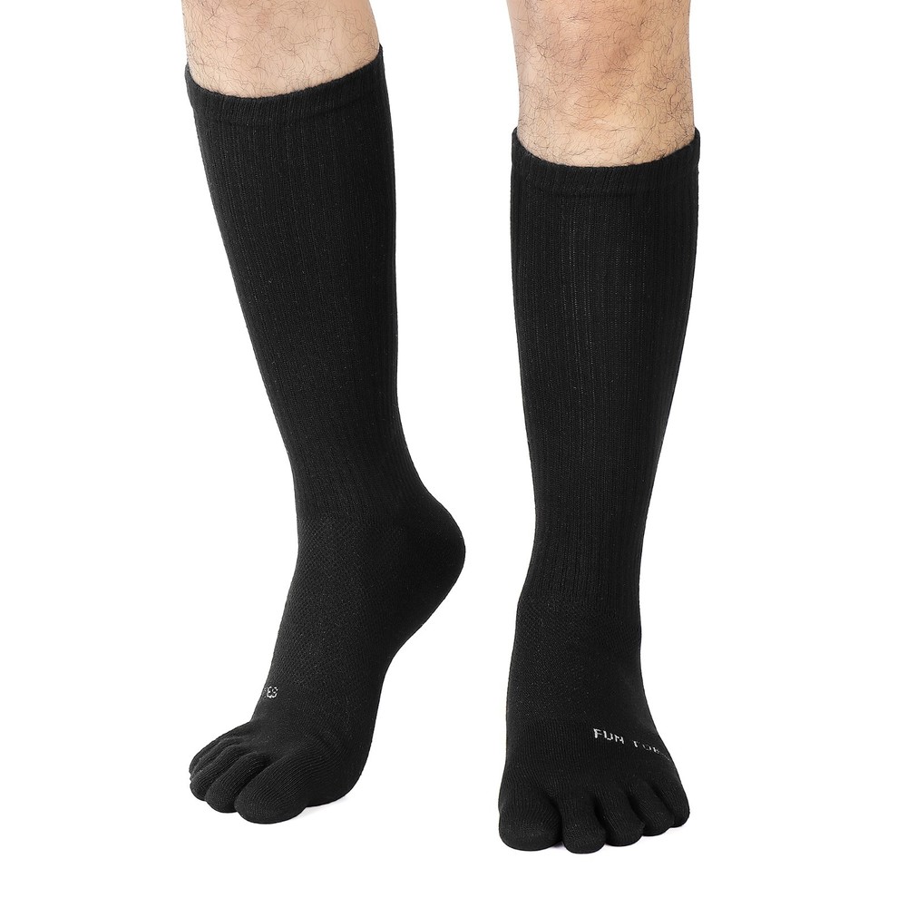 FUN TOES Men Crew Toe Socks Athletic Running Proper Toe Alignment 6 PAIRS Black