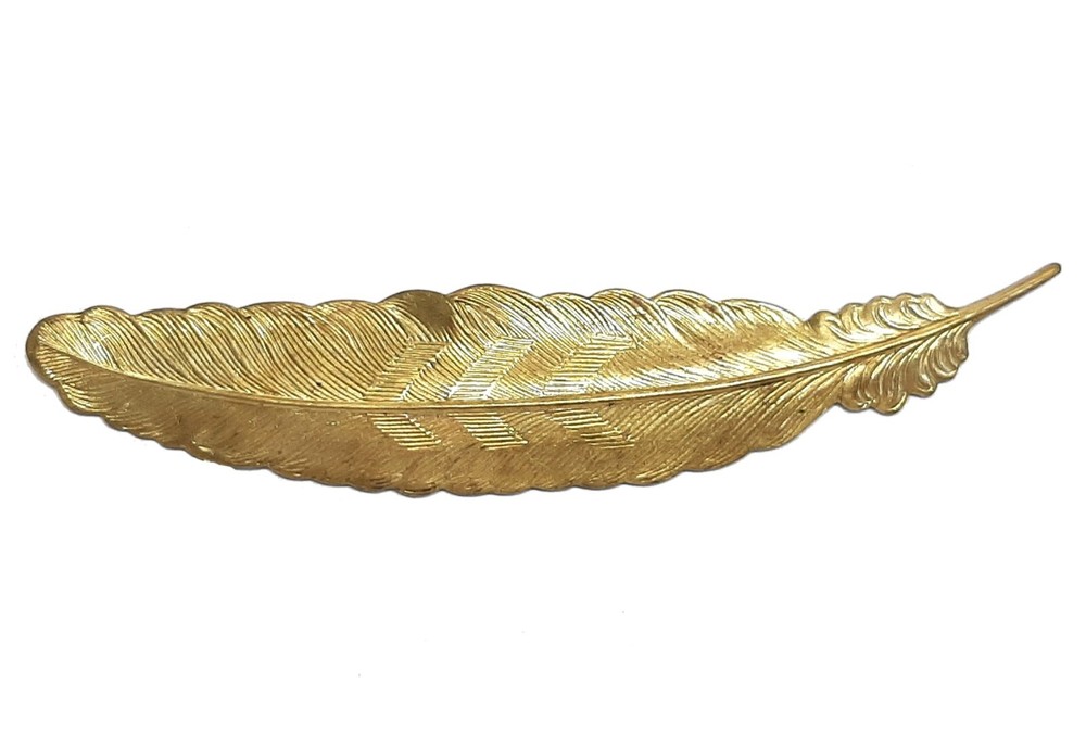 EMBOSSED STAMPED GOLD FINISHED BRASS FEATHER COMPONENT EMBELLISHMENT DECORATION