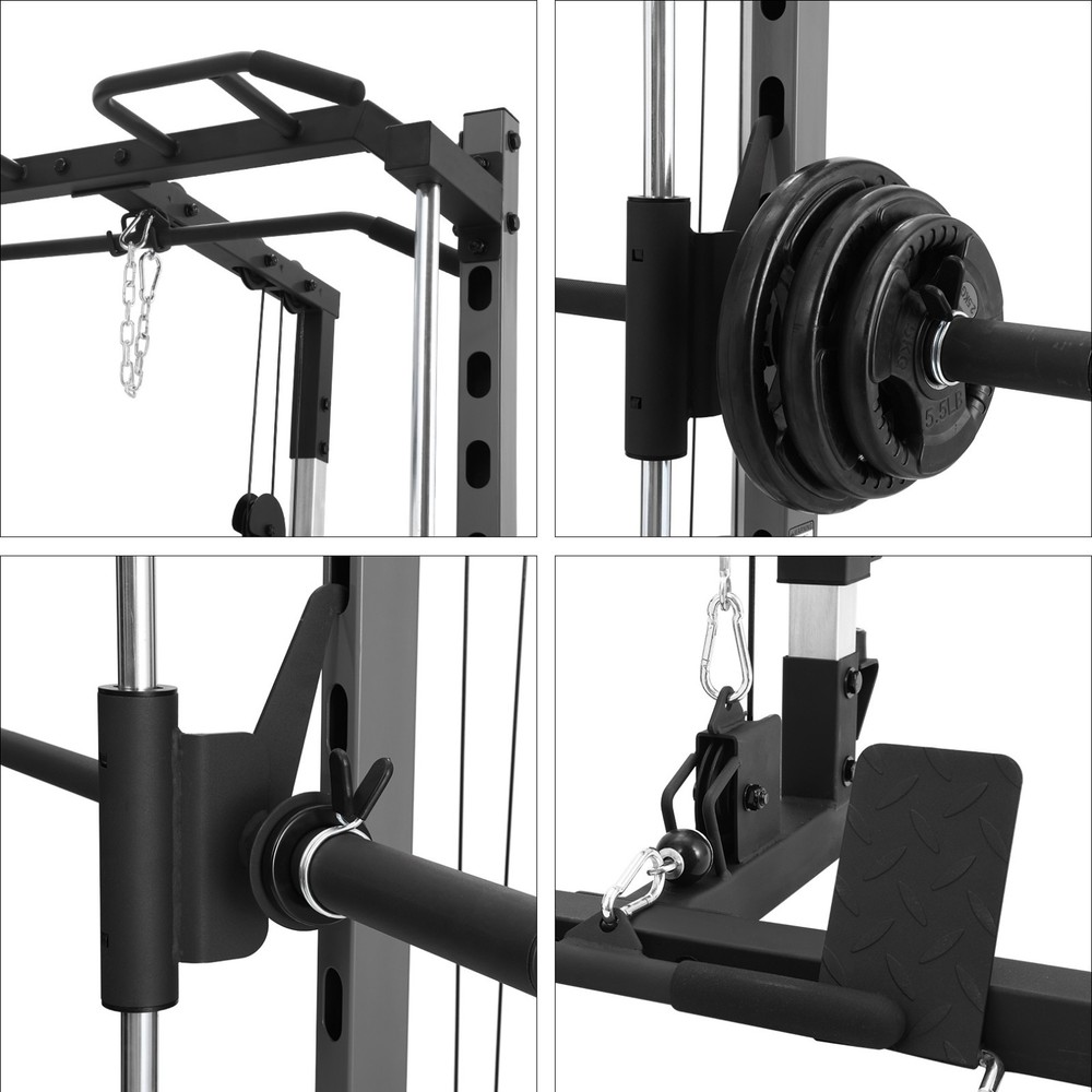 Smith Machine, Multifunctional Power Cage Rack with Barbell Bar and Cable Row US