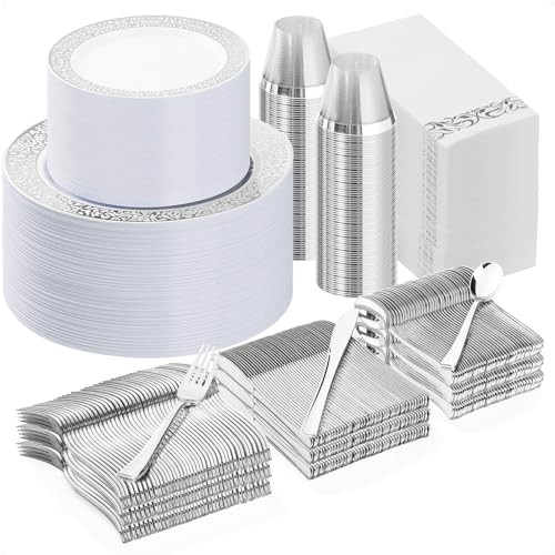 700PCS Plastic Dinnerware Set for 100 Guests, Disposable 100 Guests Set Silver