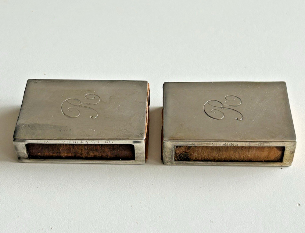 2 Sterling Silver Matchbox Covers Holders Vesta Cases with Match Boxes mono