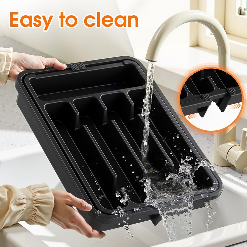 SpaceHacks Silverware Organizer，Adjustable & Expandable Utensil Medium, Black