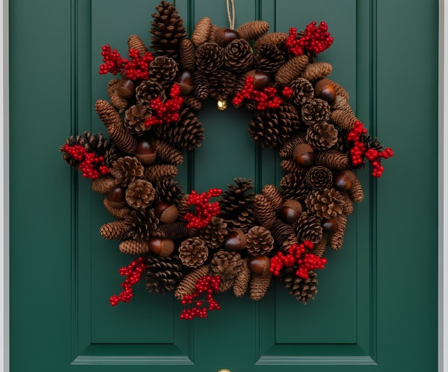 Rustic Pinecone Wreath with Red Berries : Handmade Holiday Door Decor