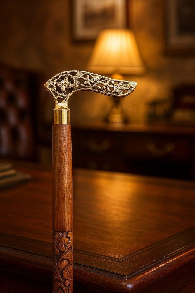 Solid Brass Handle Stick Derby Style Beautiful Hande Walking Cane