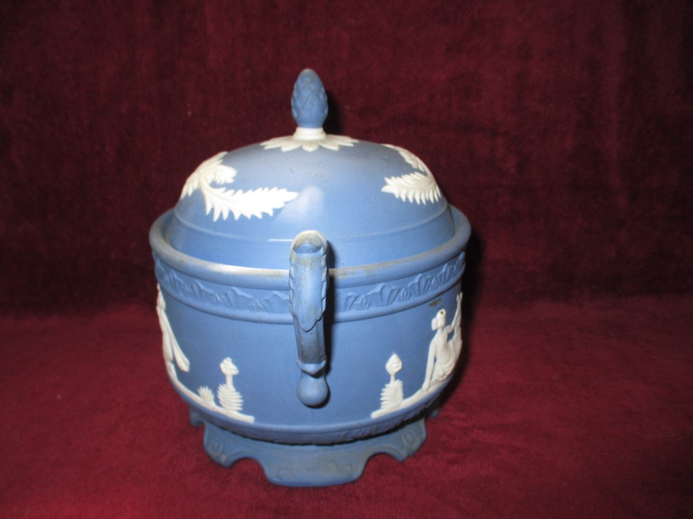 Antique Jasper Ware Neo Classical Figures Blue & White Cracker Jar with Handles