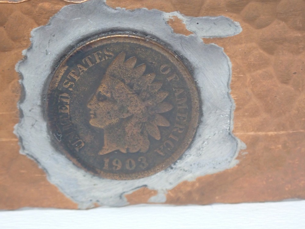 Hammered Copper Bracelet Mounted 1903 Indian Head Cent Vintage Primitive