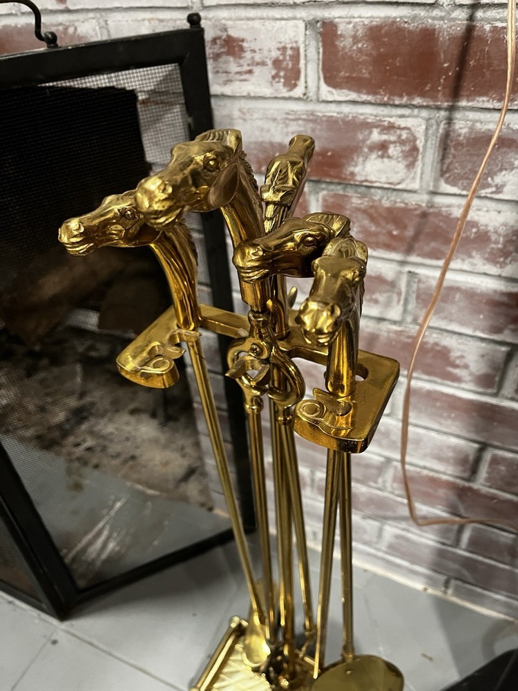 Vintage Five-Piece Solid Brass Horse Head Fire Tool Set Equestrian Art Deco