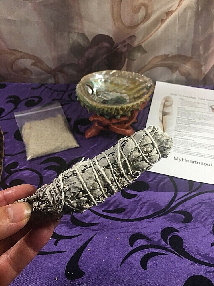 DELUXE SMUDGE KIT ABALONE SHELL STAND SAND SAGE FEATHER CLEANSING CLEARING