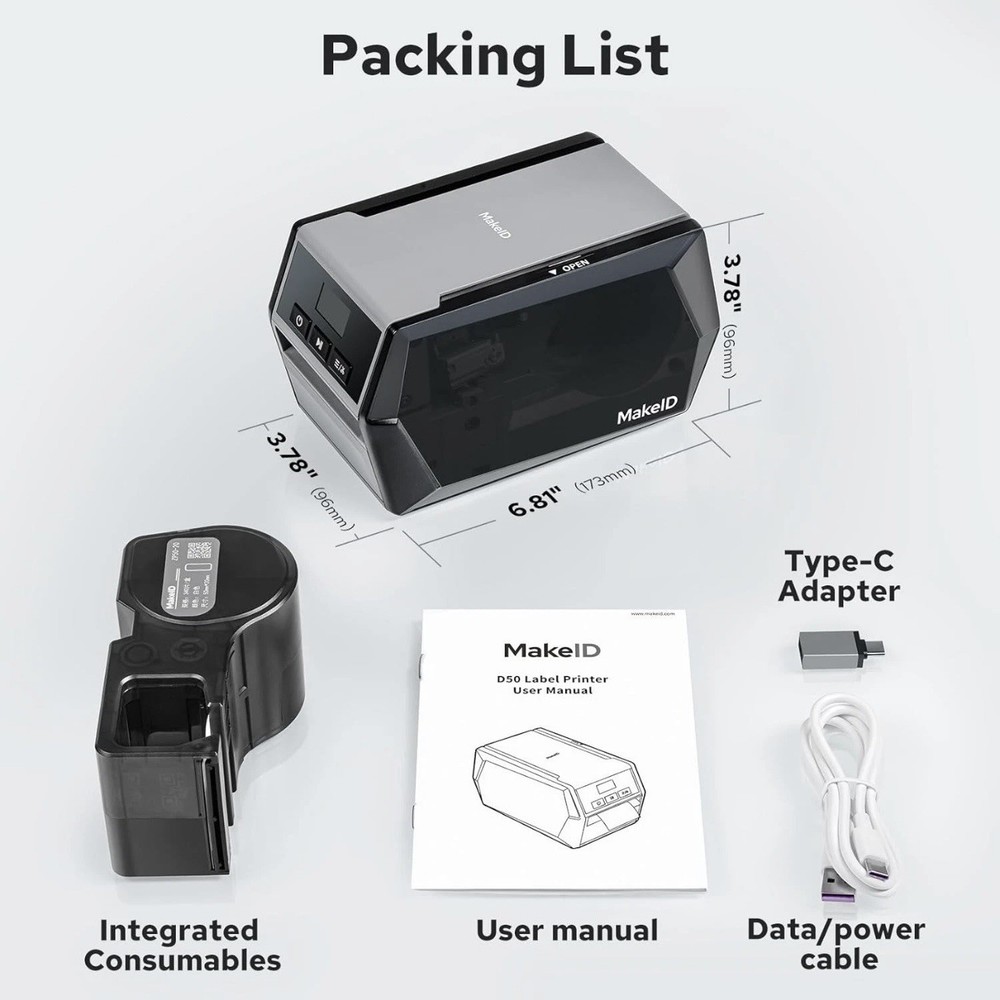 Makeid D50 Industrial Label Printer, Desktop Label Maker 2" Print Head, Mobil