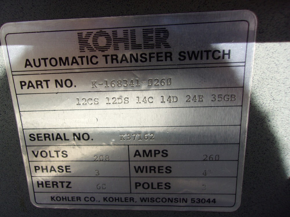Kohler 3PH 208V 260A Automatic Transfer Switch