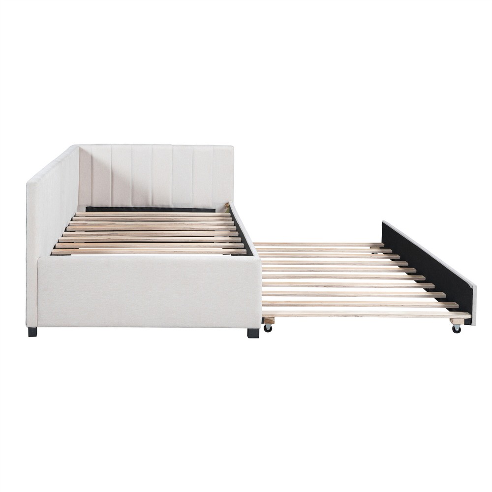Twin Size Daybed w/ Pull-Out Trundle Linen Upholstered Bed Frame Sofa Bed US
