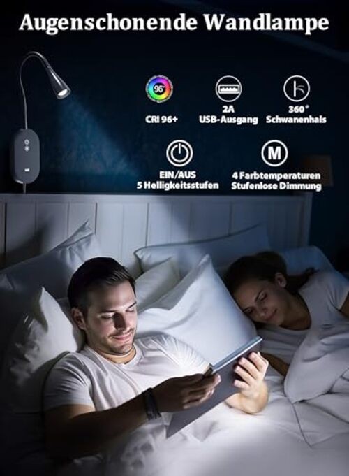 Wall Reading Light for Bed – 4 Color Modes, 5‑Level Dimmable Reading Black