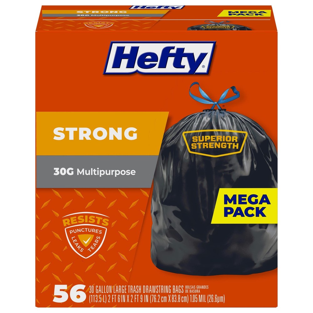 Hefty Strong Large Multipurpose Trash Bags, Unscented, 30 Gallon, 56 Count