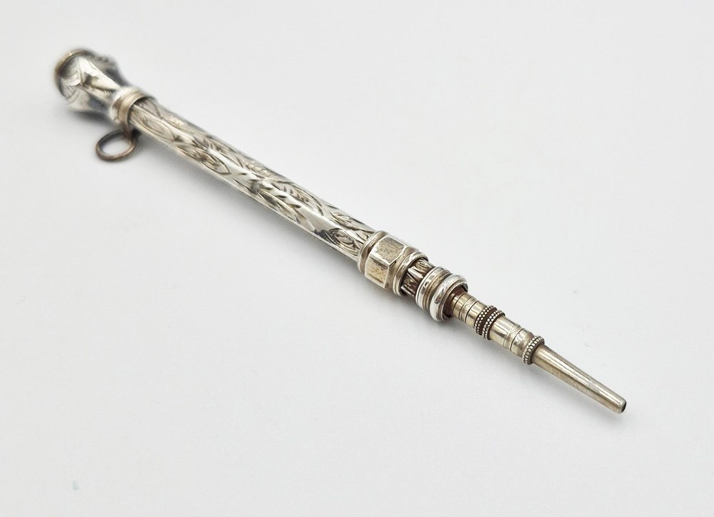 VICTORIAN SOLID SILVER AMETHYST SEAL-TOP SLIDE PENCIL c1870