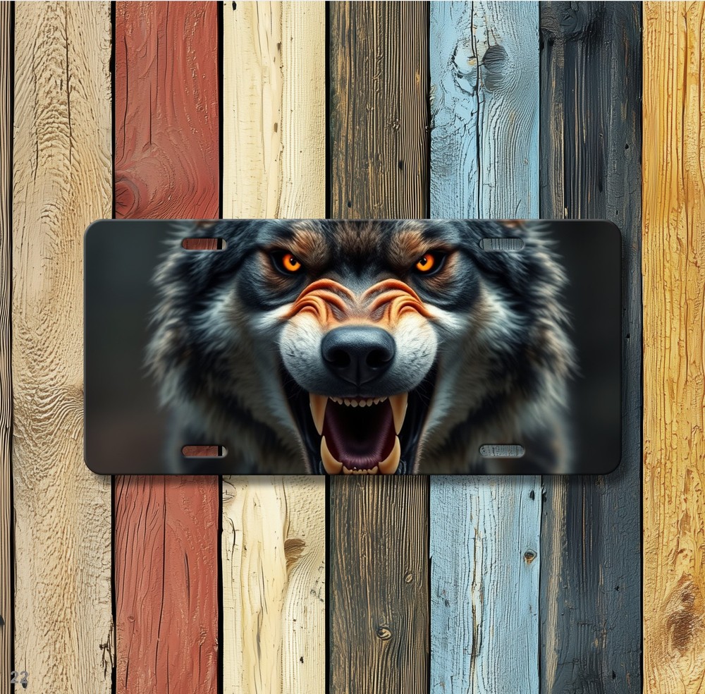 Snarling Wolf License Plate with Sharp Teeth Personalized Car Tag Special Gift