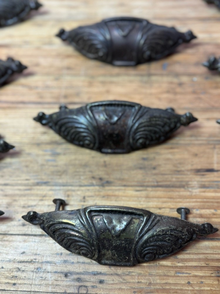 (INCLUDES 7) Vintage Antique Ornate Pressed Tin Cup Bin Pulls 6” (4” Spacing)