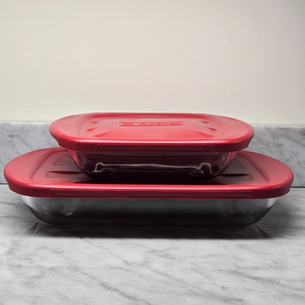 Anchor Hocking Glass Bakeware Set 2 Piece Rectangular Baking Dishes w/ Red Lids