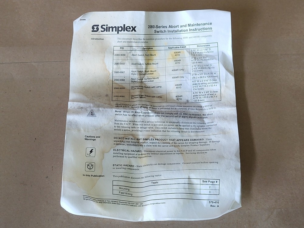 SURPLUS NEW SIMPLEX 0637664 Surface Mount Maintenance Switch – Safety