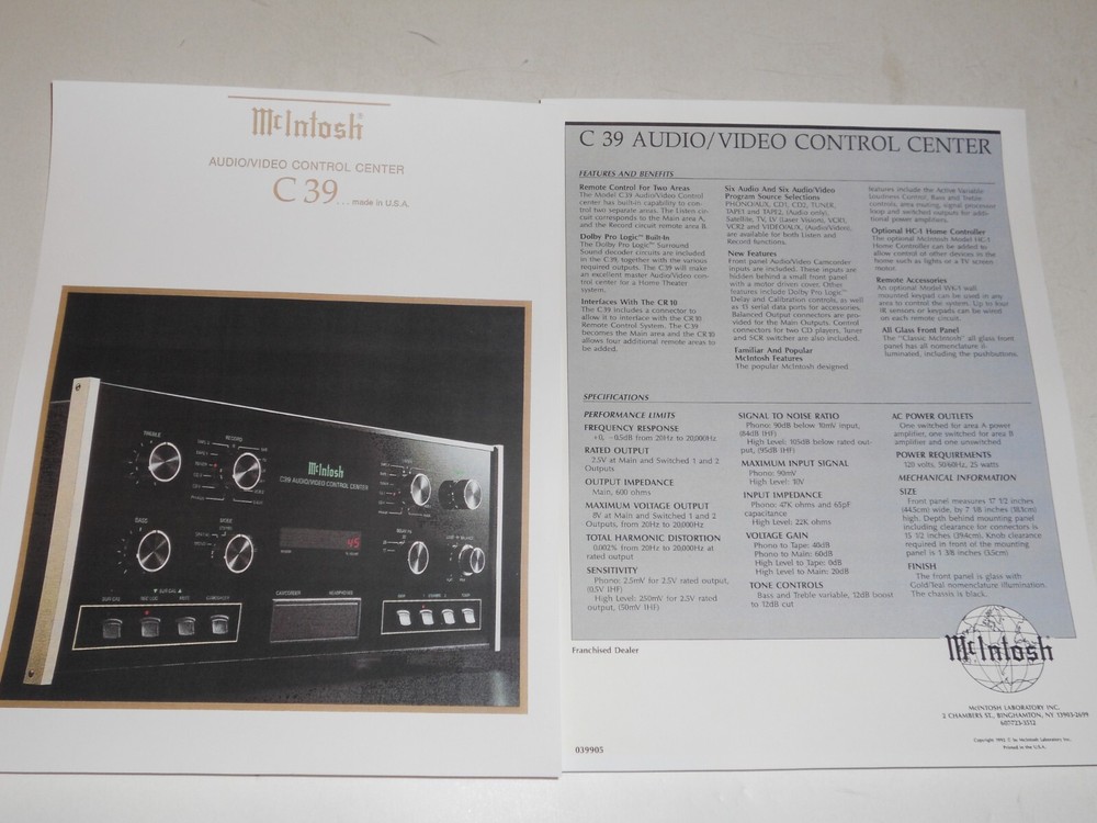 McIntosh 1992 C39 Brochure Solid State A/V Preamp 2 pg, Specs/Info/Article
