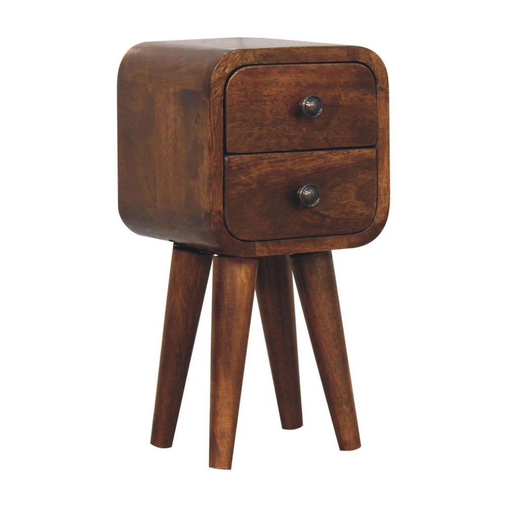 Solid Wood Extra Mini Curved Chestnut Nightstand, Solid mango wood