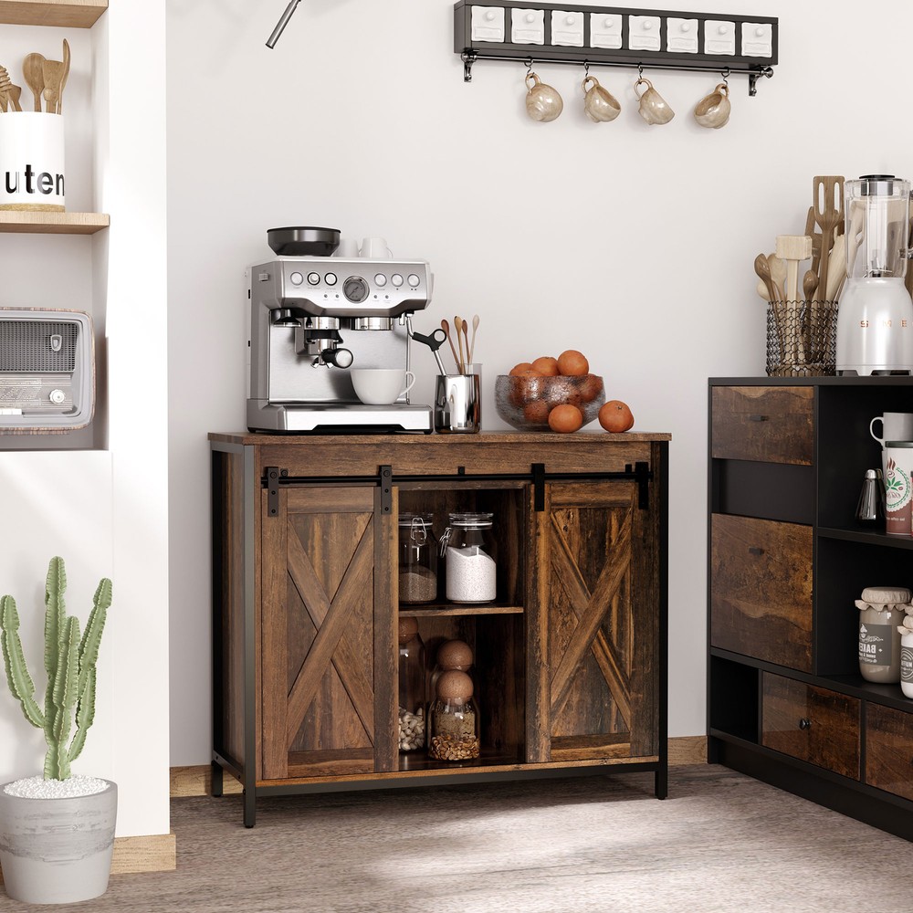 Industrial Kitchen Sideboard, Buffet Cabinet w/ Sliding Barn Doors, Rustic Brown