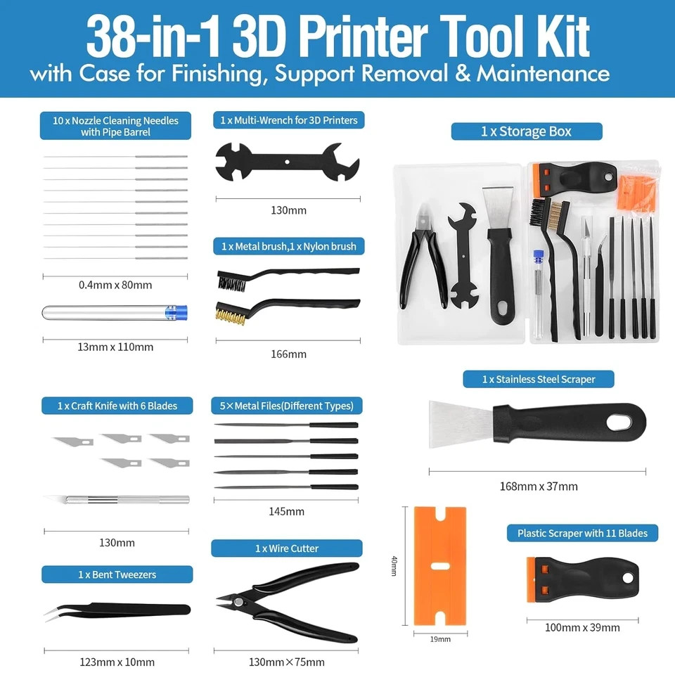 38PCS 3D Printer Tools, 3D Printer Tool Kit with Nozzle Cleaner, Scraper, Files,