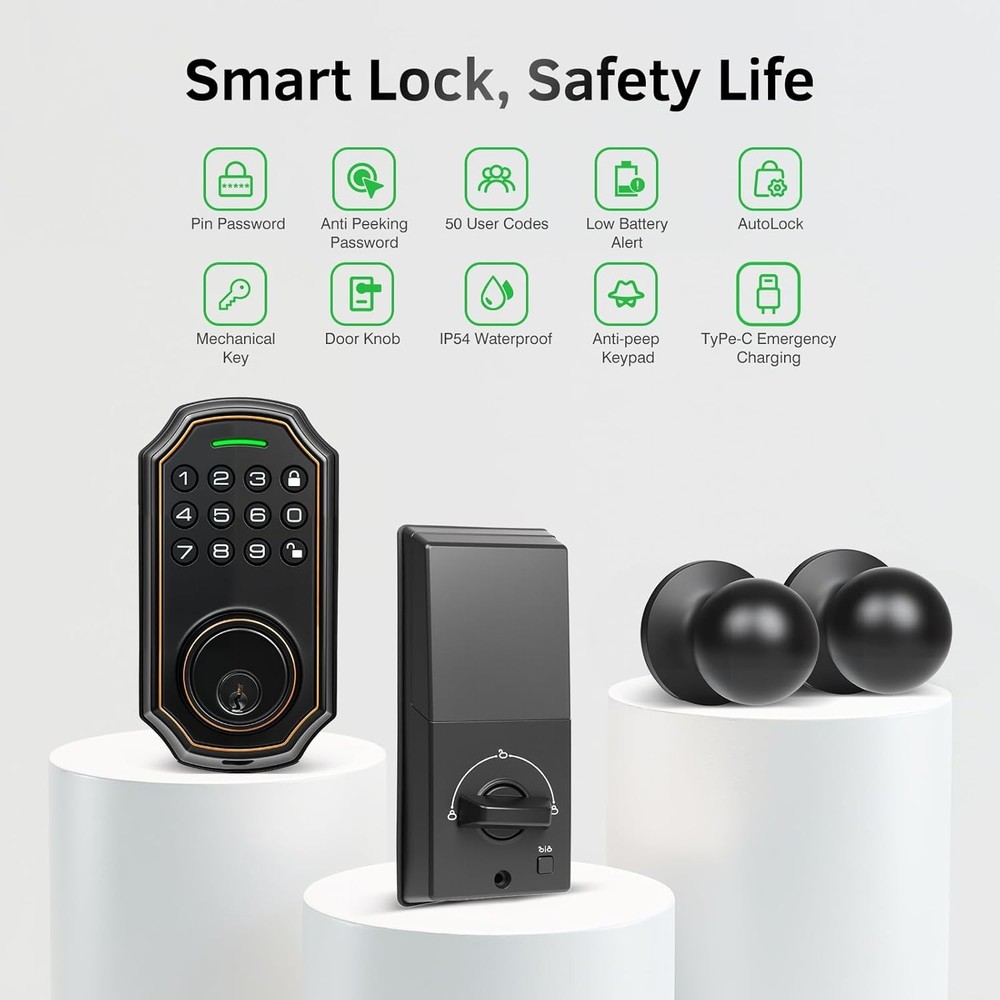 Smart Keyless Entry Door Lock with 2 Knobs,Front Door Lock Handle Set