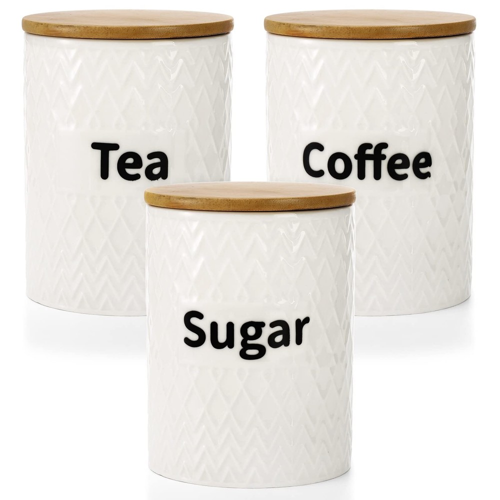 3 Pack Ceramic Kitchen Canister Set Tea Coffee Sugar Container Set