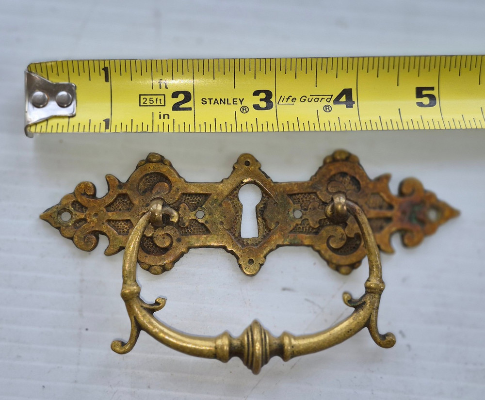 Pair Solid Cast Brass Antique Drawer Pulls Bail Handle Ornate Aesthetic Movement