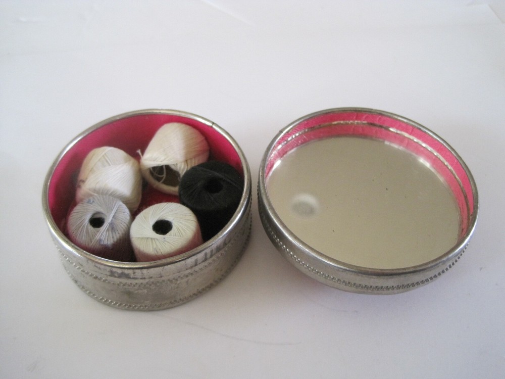 Pin Cushion w/ Thread Inside Paper Bottom Silver Tone