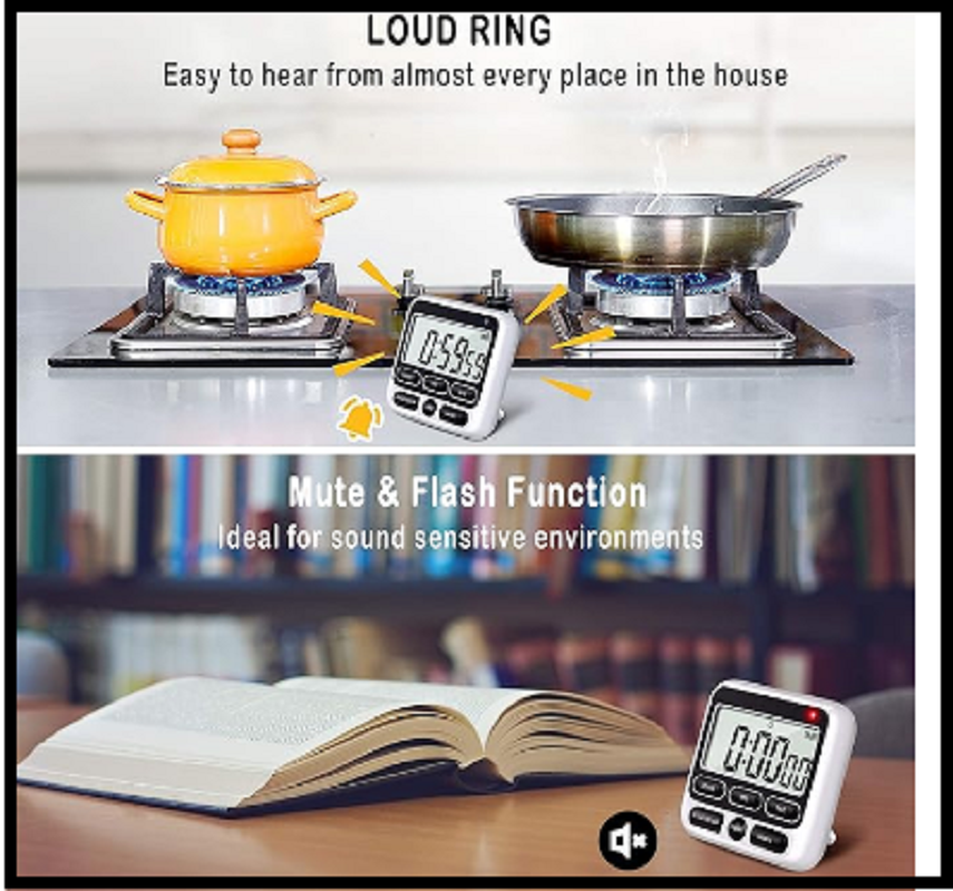 Digital Kitchen Timer With Mute/Loud Alarm Switch 12 Hour Clock Memory Function