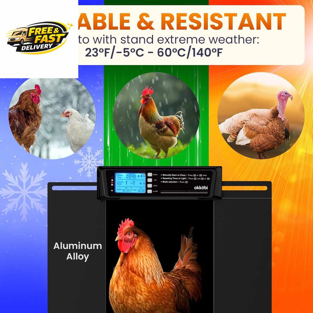 Extra Large Coop Door Solar Powered with Remote - LCD Display, Light Sensor, Tim
